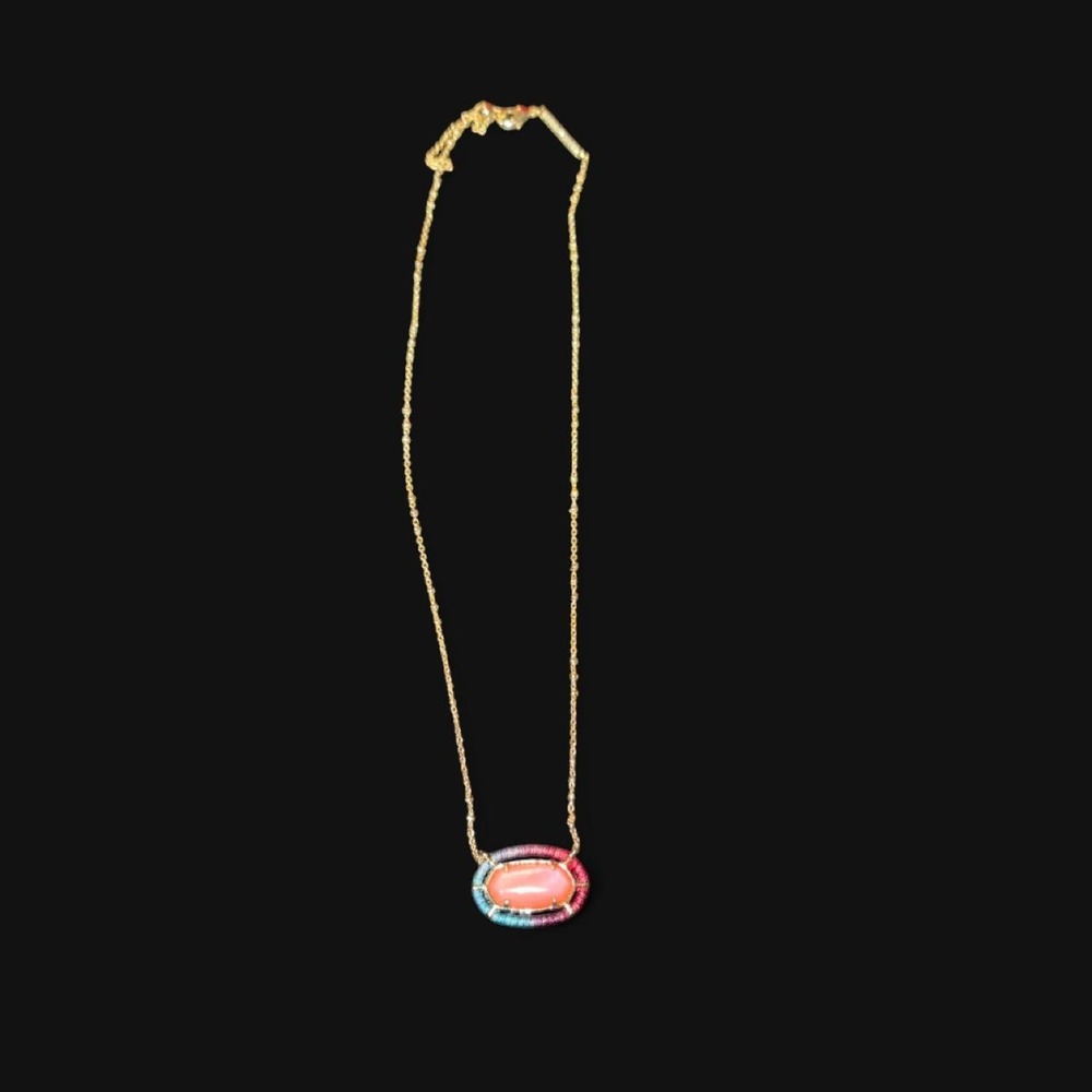 3-Kendra Scott Gold necklace with red oval pendant and blue & green beaded borde
